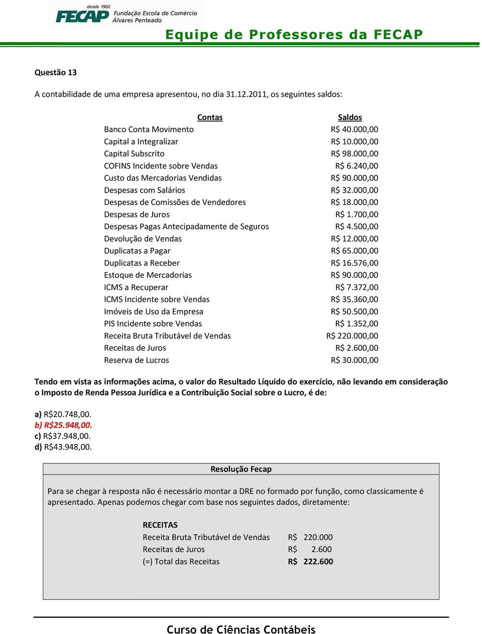 000,00 Despesas de Comissões de Vendedores R$ 18.000,00 Despesas de Juros R$ 1.700,00 Despesas Pagas Antecipadamente de Seguros R$ 4.500,00 Devolução de Vendas R$ 12.000,00 Duplicatas a Pagar R$ 65.