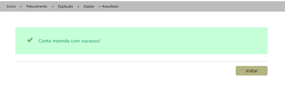 Após gravar o sistema exibirá tela com status de conta inserida com sucesso.