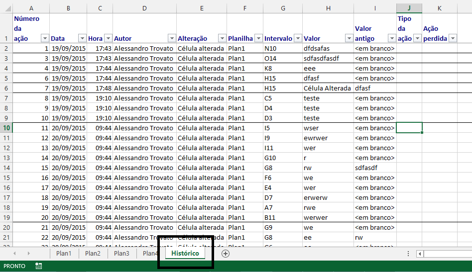 8. Pressione o botão OK. 9. O resultado será uma nova planilha no seu arquivo. Observe a imagem. 10. A planilha exibirá então em ordem cronológica as alterações realizadas.