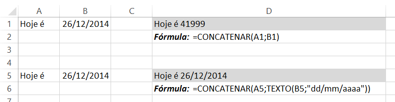 Sintaxe: =CONCATENAR(...) (...) insira várias células separadas pelo ponto e vírgula Resultado: Em cada uma das linhas de Resultado ocorre a junção das células das colunas A, B e C.