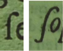 Nas primeiras observações sobre o livro, foi identificado um caractere que aparentava ser um f sem barra, que tem uma versão romana (figura 10) e itálica (figura 11).