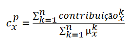 Ao multiplicar-se a pertinência de uma regra pelo centro de gravidade do cluster classificado como consequente desta mesma regra, tem-se a chamada contribuição da regra, como mostra (4.6): (4.