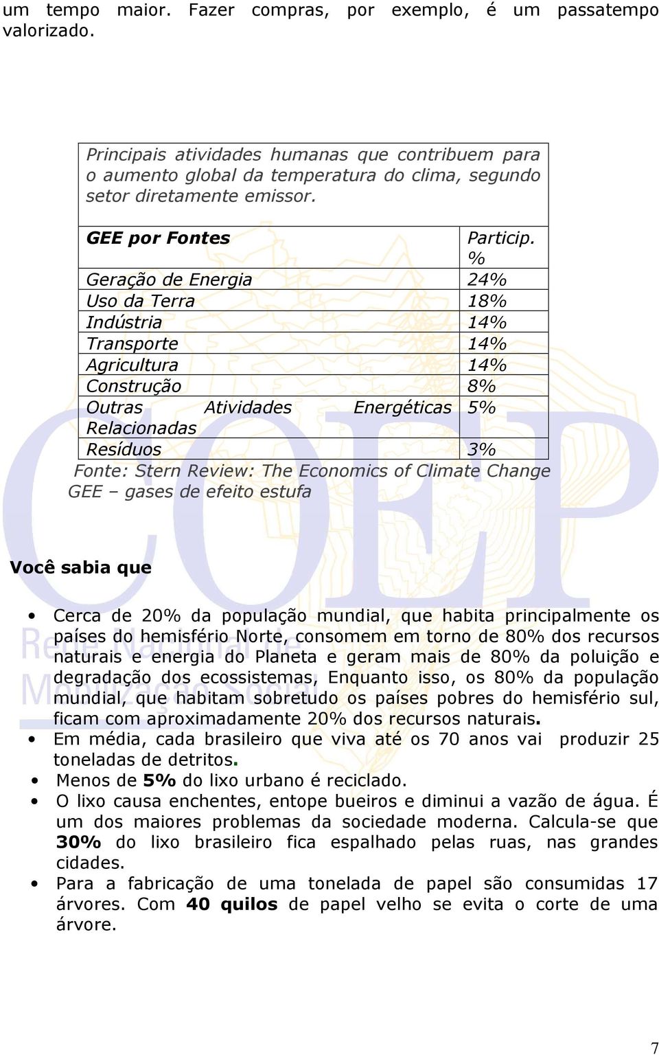 % Geração de Energia 24% Uso da Terra 18% Indústria 14% Transporte 14% Agricultura 14% Construção 8% Outras Atividades Energéticas 5% Relacionadas Resíduos 3% Fonte: Stern Review: The Economics of