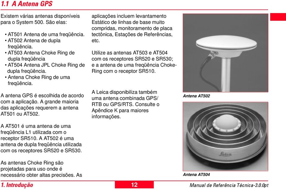 A grande maioria das aplicações requerem a antena AT501 ou AT502. A AT501 é uma antena de uma freqüência L1 utilizada com o receptor SR510.