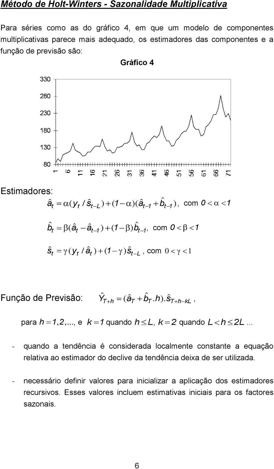 Previsão: Y ( a b. h ). s T h T T T h kl, para h 1, 2,..., e k 1 quando h L, k 2 quando L h 2 L.