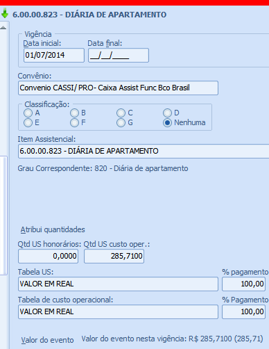 Tela de preço no prestador: Diárias, taxas e