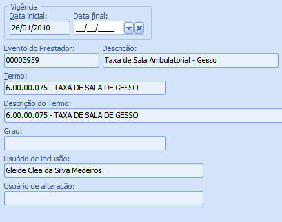 Conversão de Eventos ATUAL DE-PARA do evento do prestador para o grau correspondente. É necessário informar o grau conforme cadastro e TGE.