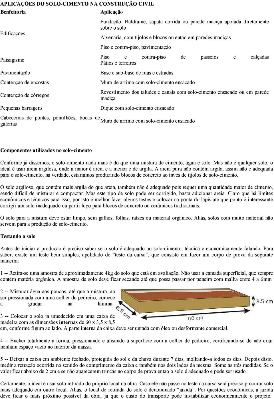 e calçadas Pátios e terreiros Base e sub-base de ruas e estradas Muro de arrimo com solo-cimento ensacado Revestimento dos taludes e canais com solo-cimento ensacado ou em parede maciça Dique com