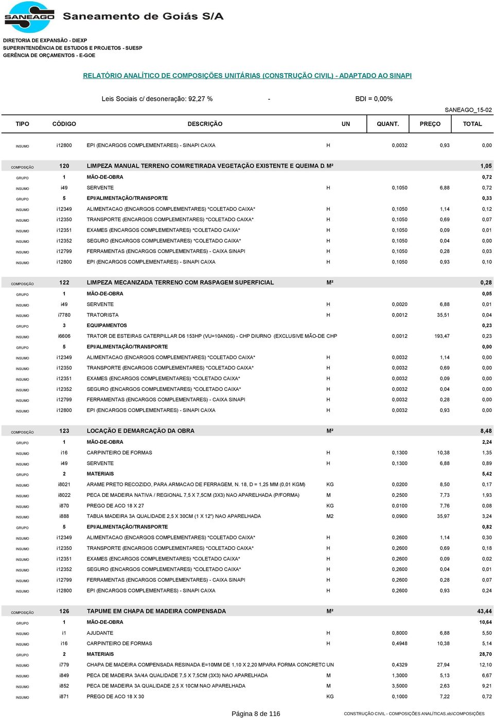 (ENCARGOS COMPLEMENTARES) *COLETADO CAIXA* H 0,1050 0,69 0,07 INSUMO i12351 EXAMES (ENCARGOS COMPLEMENTARES) *COLETADO CAIXA* H 0,1050 0,09 0,01 INSUMO i12352 SEGURO (ENCARGOS COMPLEMENTARES)