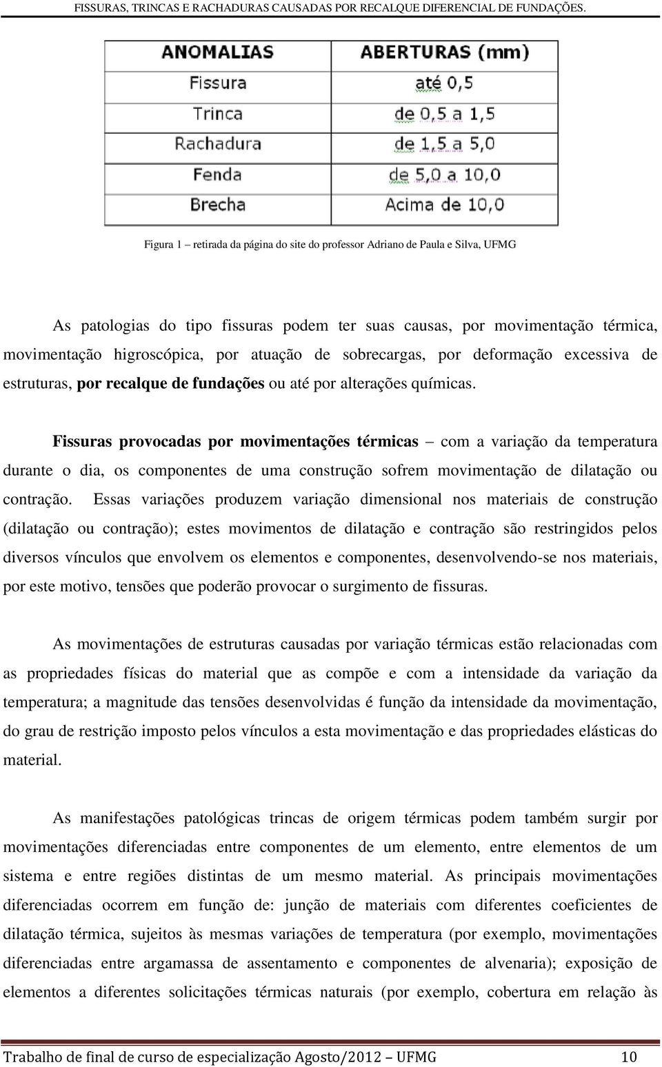 Fissuras provocadas por movimentações térmicas com a variação da temperatura durante o dia, os componentes de uma construção sofrem movimentação de dilatação ou contração.