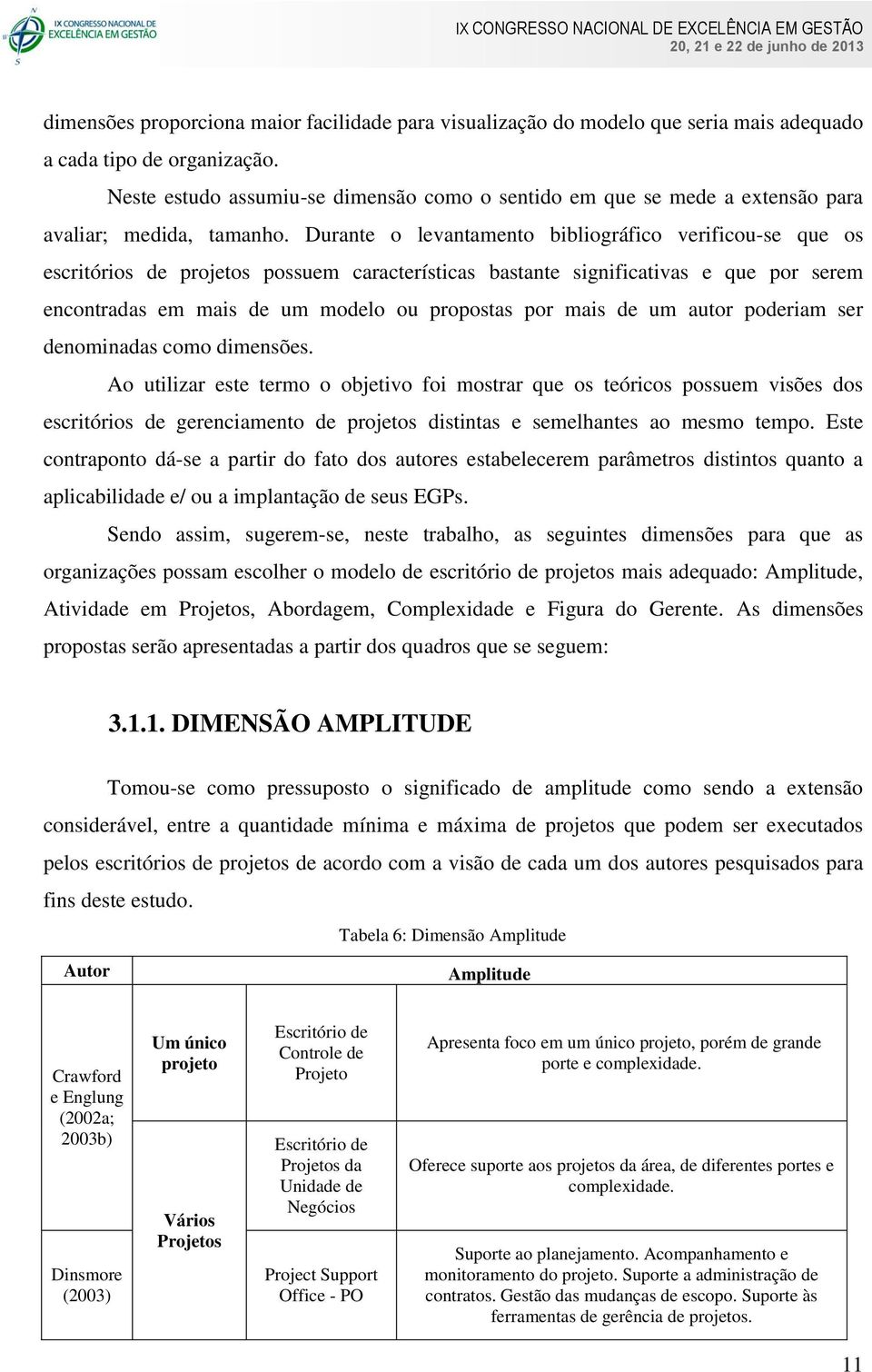 Durante o levantamento bibliográfico verificou-se que os escritórios de projetos possuem características bastante significativas e que por serem encontradas em mais de um modelo ou propostas por mais