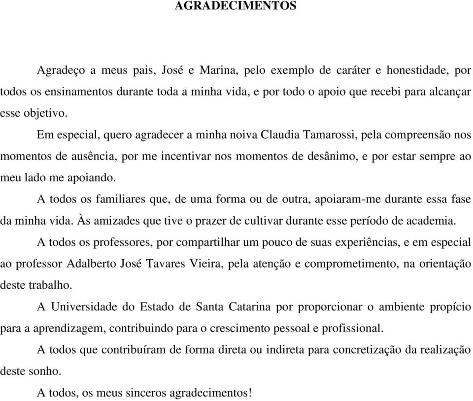 Em especial, quero agradecer a minha noiva Claudia Tamarossi, pela compreensão nos momentos de ausência, por me incentivar nos momentos de desânimo, e por estar sempre ao meu lado me apoiando.