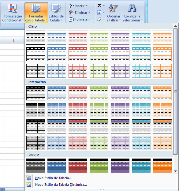 Formatação automática Existe um conjunto de estilos de formatação, predefinidos pelo Excel, que possibilitam formatar um qualquer conjunto de células de