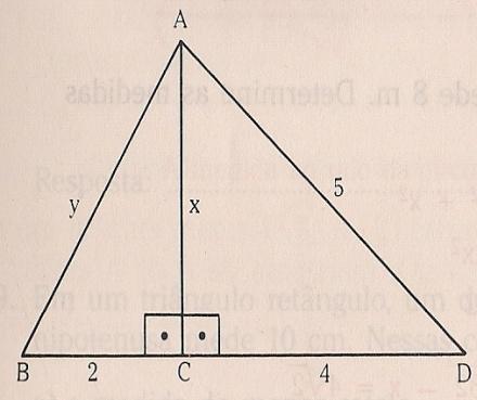 113) Na figura abaixo, determine os valores de x e y :( A = 90º) 114) No triângulo da figura abaixo, temos DE // BC. Qual é a medida do lado AB e a medida do lado AC desse triângulo?