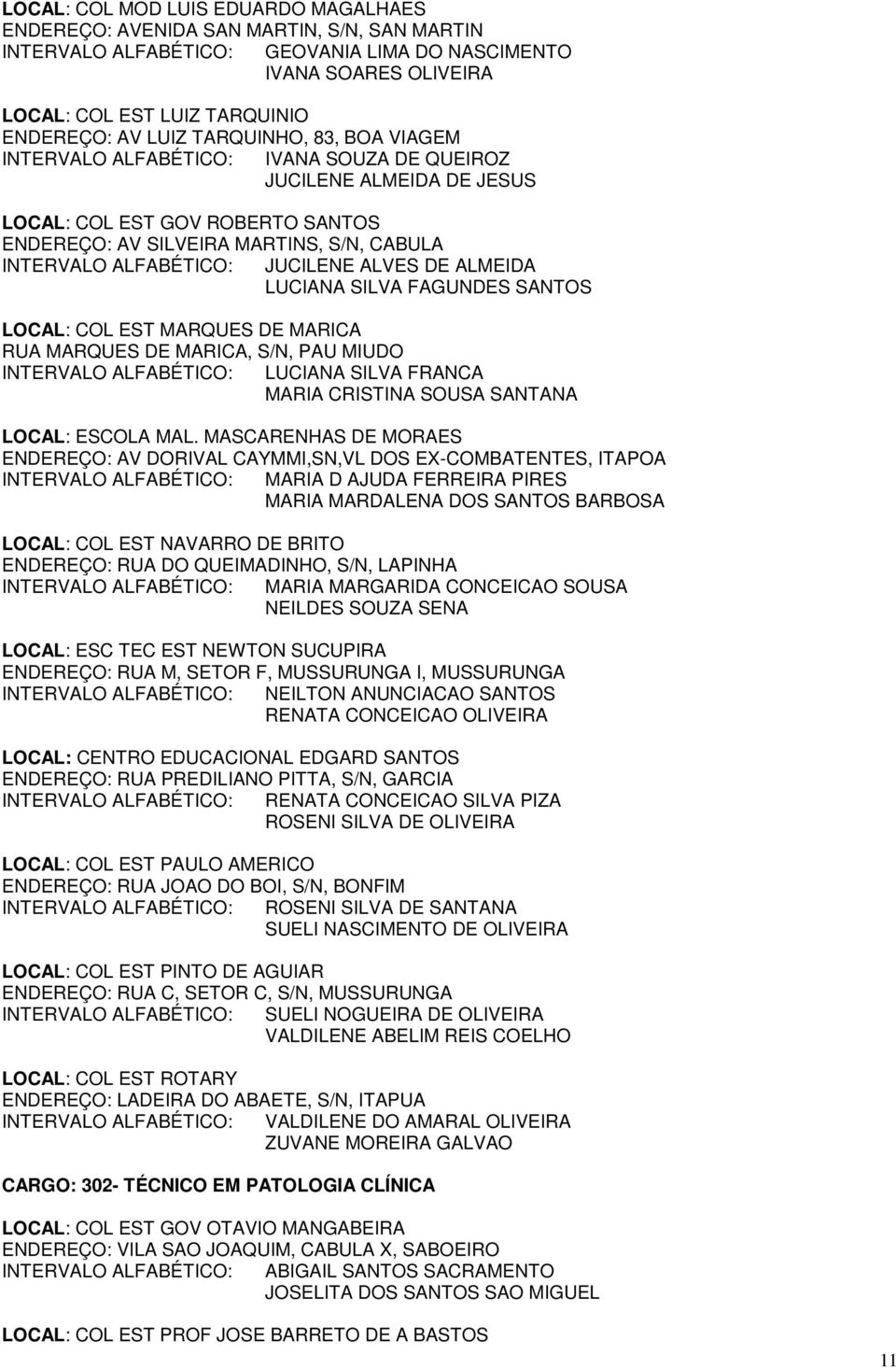 ALFABÉTICO: JUCILENE ALVES DE ALMEIDA LUCIANA SILVA FAGUNDES SANTOS LOCAL: COL EST MARQUES DE MARICA RUA MARQUES DE MARICA, S/N, PAU MIUDO INTERVALO ALFABÉTICO: LUCIANA SILVA FRANCA MARIA CRISTINA