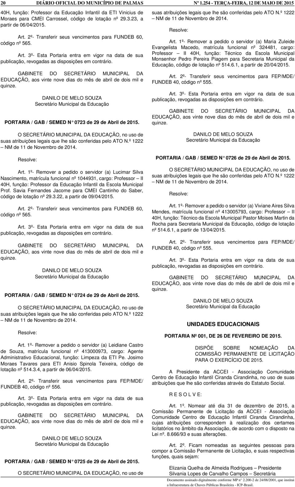 1º- Remover a pedido o servidor (a) Lucimar Silva Nascimento, matrícula funcional nº 1044931, cargo: Professor II 40H, função: Professor da Educação Infantil da Escola Municipal Prof.