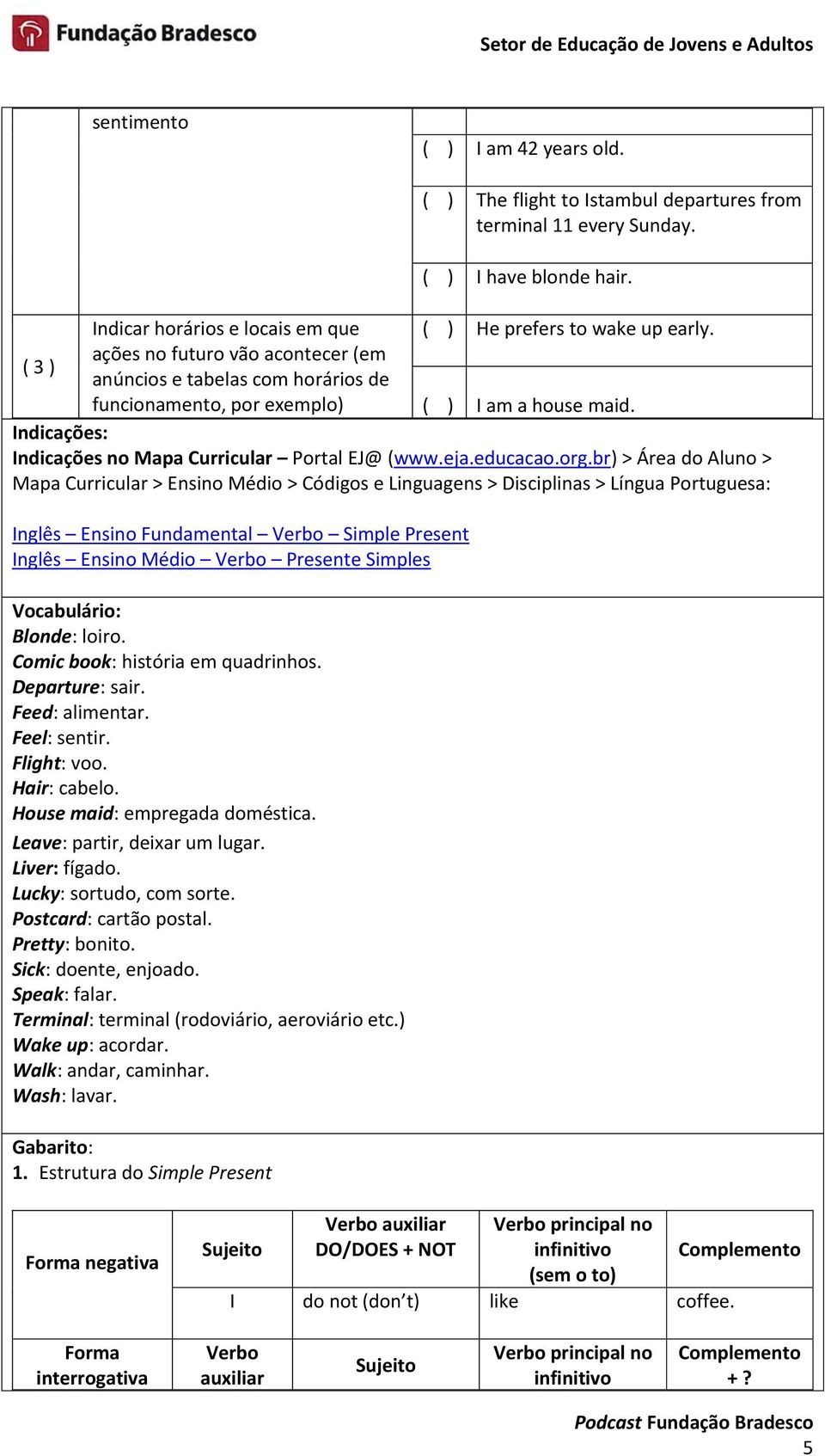 org.br) > Área do Aluno > Mapa Curricular > Ensino Médio > Códigos e Linguagens > Disciplinas > Língua Portuguesa: Inglês Ensino Fundamental Verbo Simple Present Inglês Ensino Médio Verbo Presente