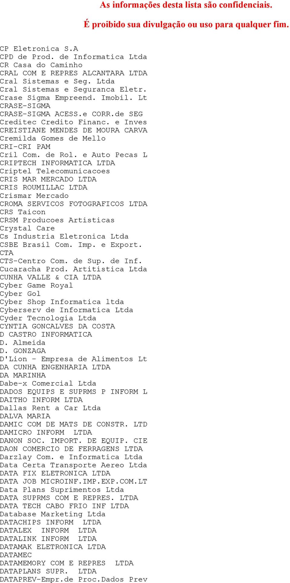 e Auto Pecas L CRIPTECH INFORMATICA LTDA Criptel Telecomunicacoes CRIS MAR MERCADO LTDA CRIS ROUMILLAC LTDA Crismar Mercado CROMA SERVICOS FOTOGRAFICOS LTDA CRS Taicon CRSM Producoes Artisticas