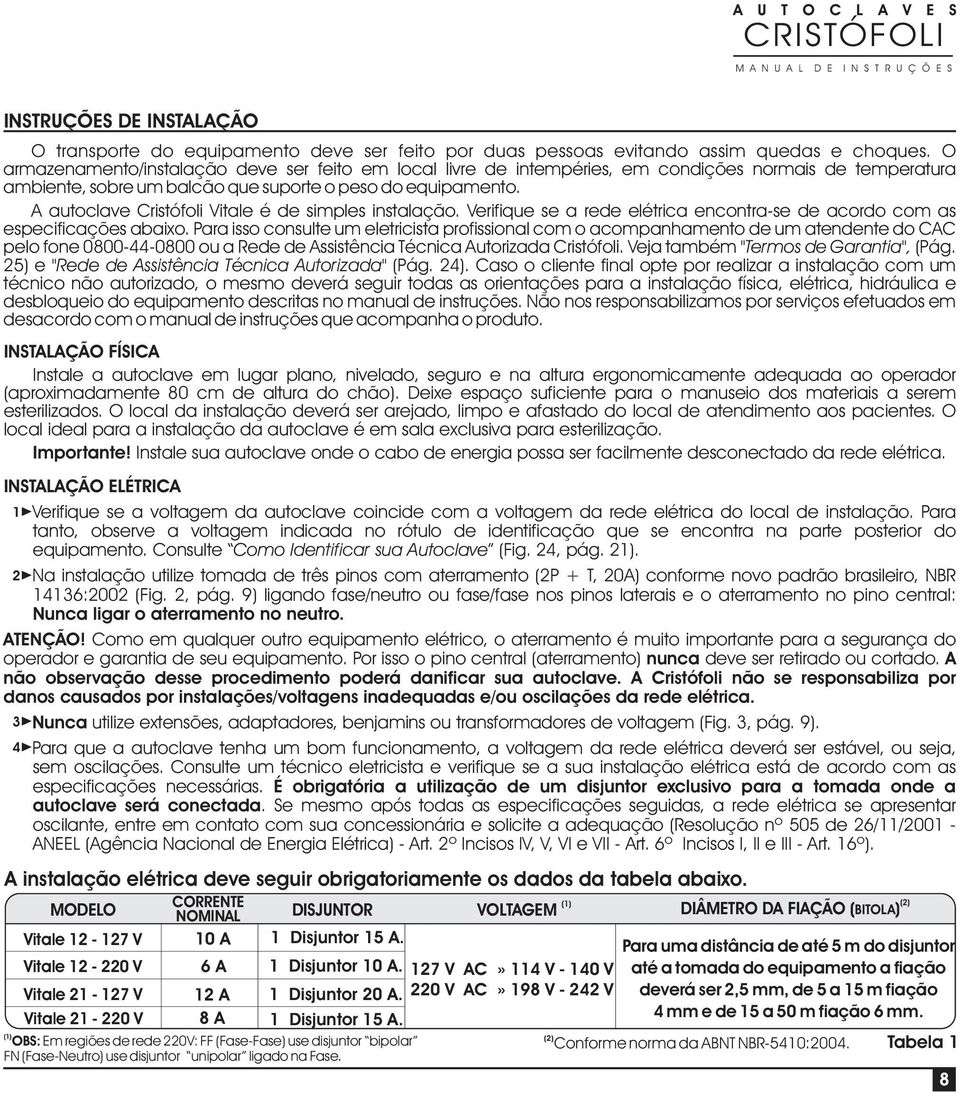 A autoclave Cristófoli Vitale é de simples instalação. Verifique se a rede elétrica encontra-se de acordo com as especificações abaixo.