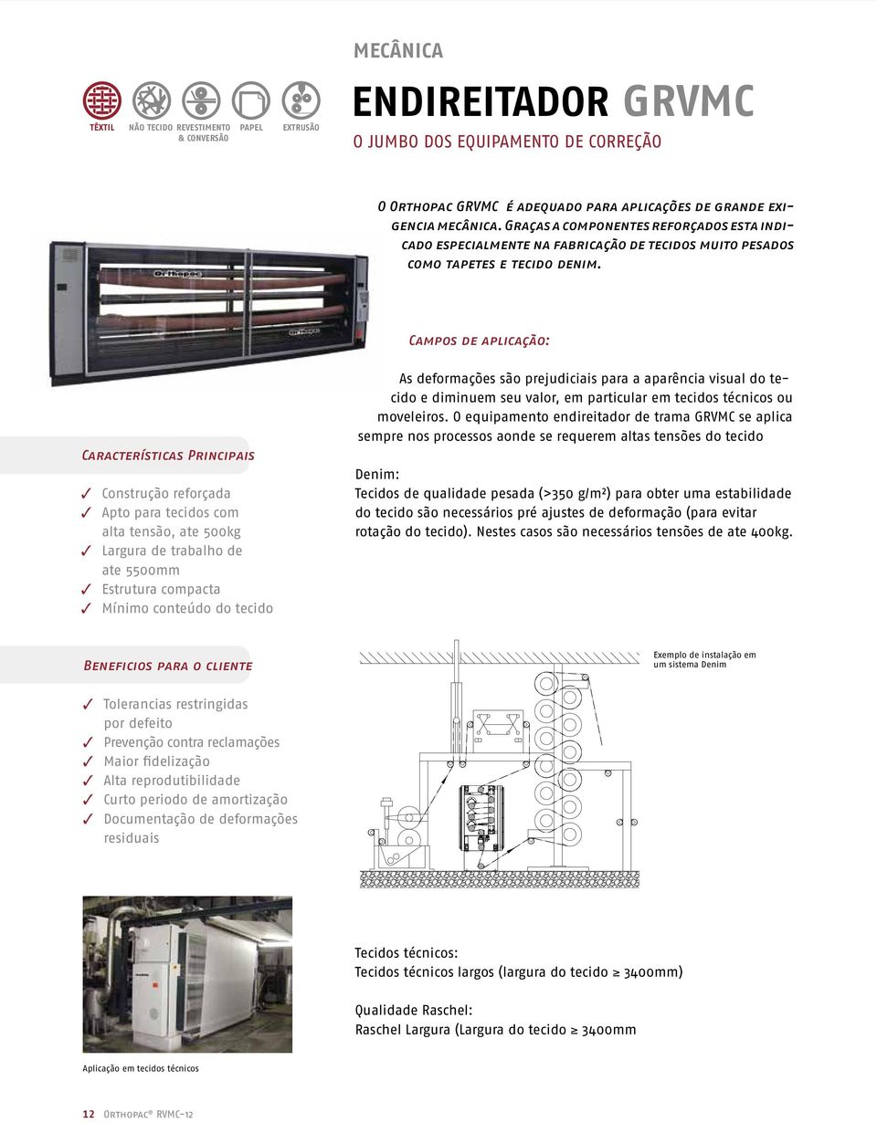 Campos de aplicação: Características Principais 3 Construção reforçada 3 Apto para tecidos com alta tensão, ate 500kg 3 Largura de trabalho de ate 5500mm 3 Estrutura compacta 3 Mínimo conteúdo do