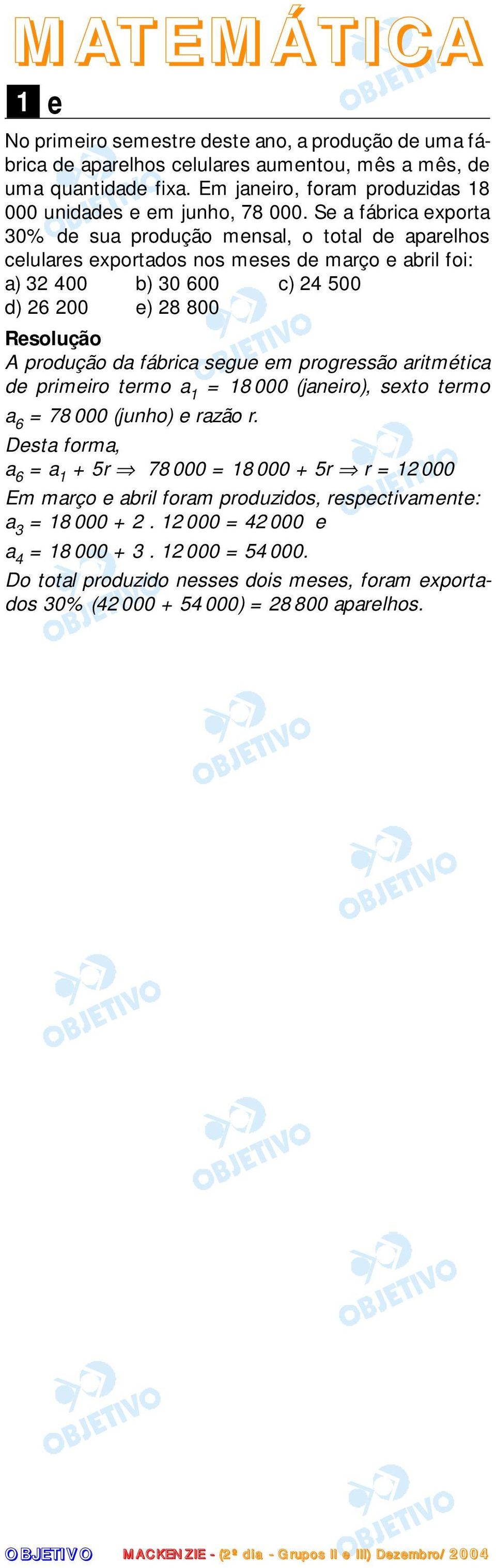 Se a fábrica exporta 30% de sua produção mensal, o total de aparelhos celulares exportados nos meses de março e abril foi: a) 32 400 b) 30 600 c) 24 500 d) 26 200 e) 28 800 A produção da fábrica