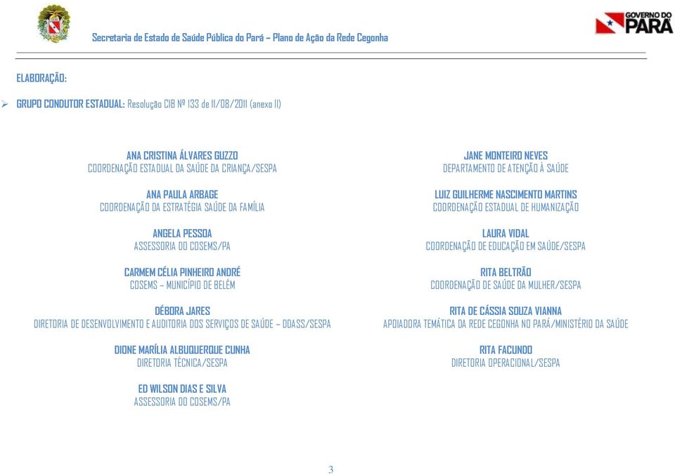 DIONE MARÍLIA ALBUQUERQUE CUNHA DIRETORIA TÉCNICA/SESPA JANE MONTEIRO NEVES DEPARTAMENTO DE ATENÇÃO À SAÚDE LUIZ GUILHERME NASCIMENTO MARTINS COORDENAÇÃO ESTADUAL DE HUMANIZAÇÃO LAURA VIDAL