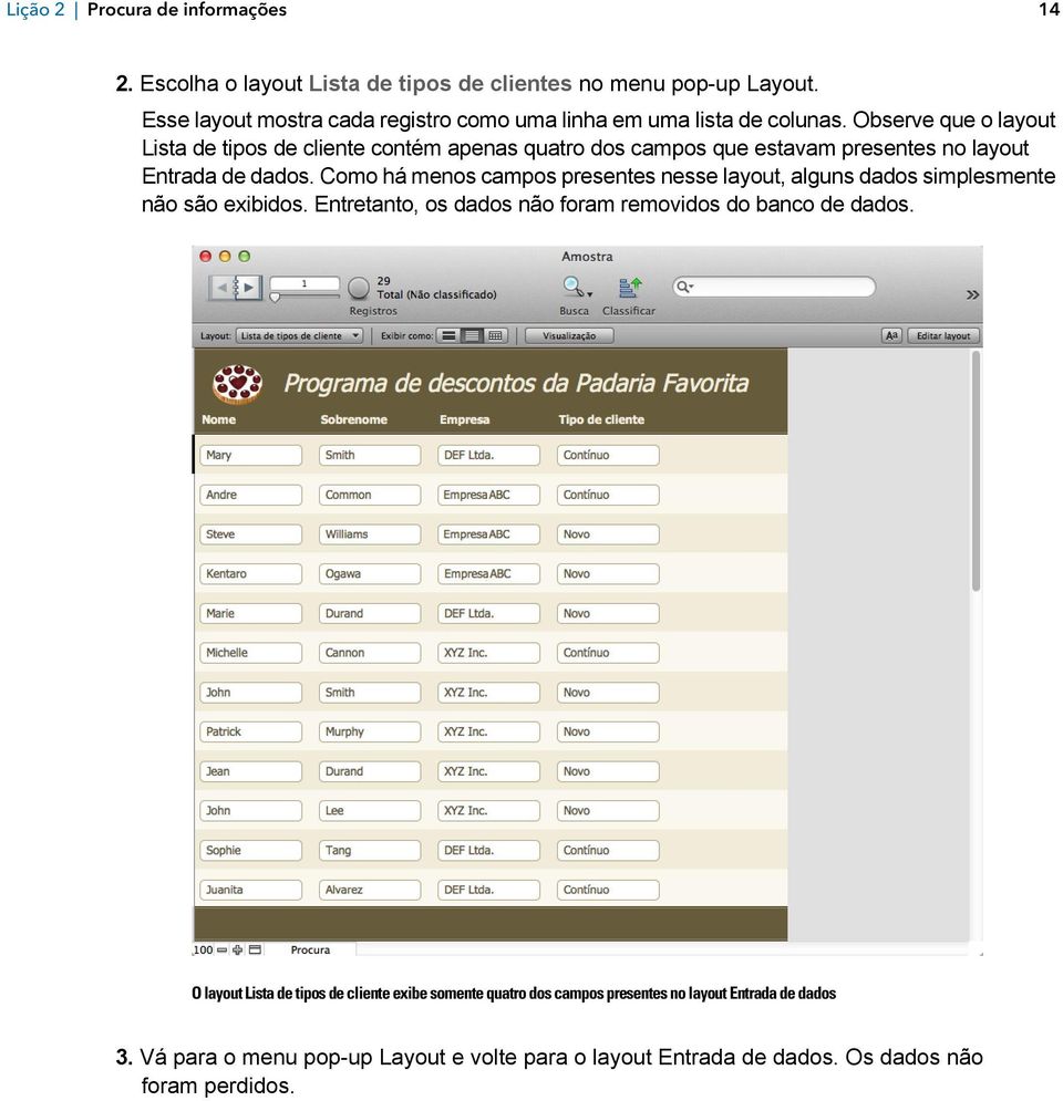 Observe que o layout Lista de tipos de cliente contém apenas quatro dos campos que estavam presentes no layout Entrada de dados.