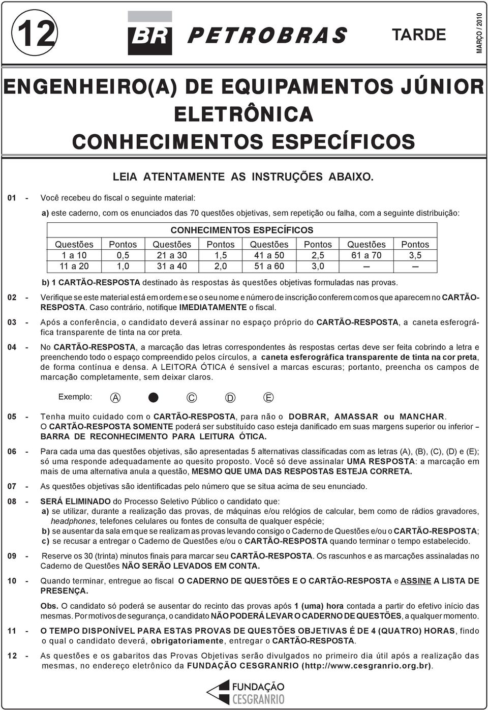 ESPECÍFICOS Questões a a 4 Pontos,5, Questões 4 a 5 5 a 6 b) CARTÃO-RESPOSTA destinado às respostas às questões objetivas formuladas nas provas.