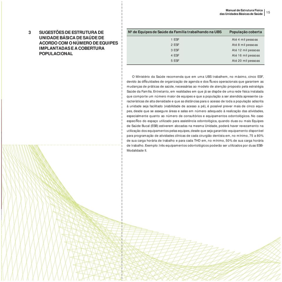 Saúde recomenda que em uma UBS trabalhem, no máximo, cinco ESF, devido às dificuldades de organização de agenda e dos fluxos operacionais que garantem as mudanças de práticas de saúde, necessárias ao