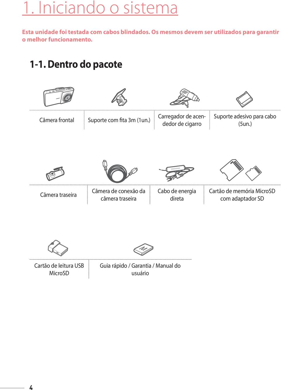 Dentro do pacote Câmera frontal Suporte com fita 3m (1un.