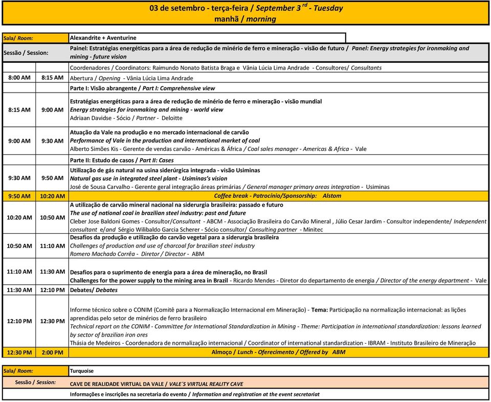 Consultores/ Consultants Abertura / Opening - Vânia Lúcia Lima Andrade Parte I: Visão abrangente / Part I: Comprehensive view Estratégias energéticas para a área de redução de minério de ferro e