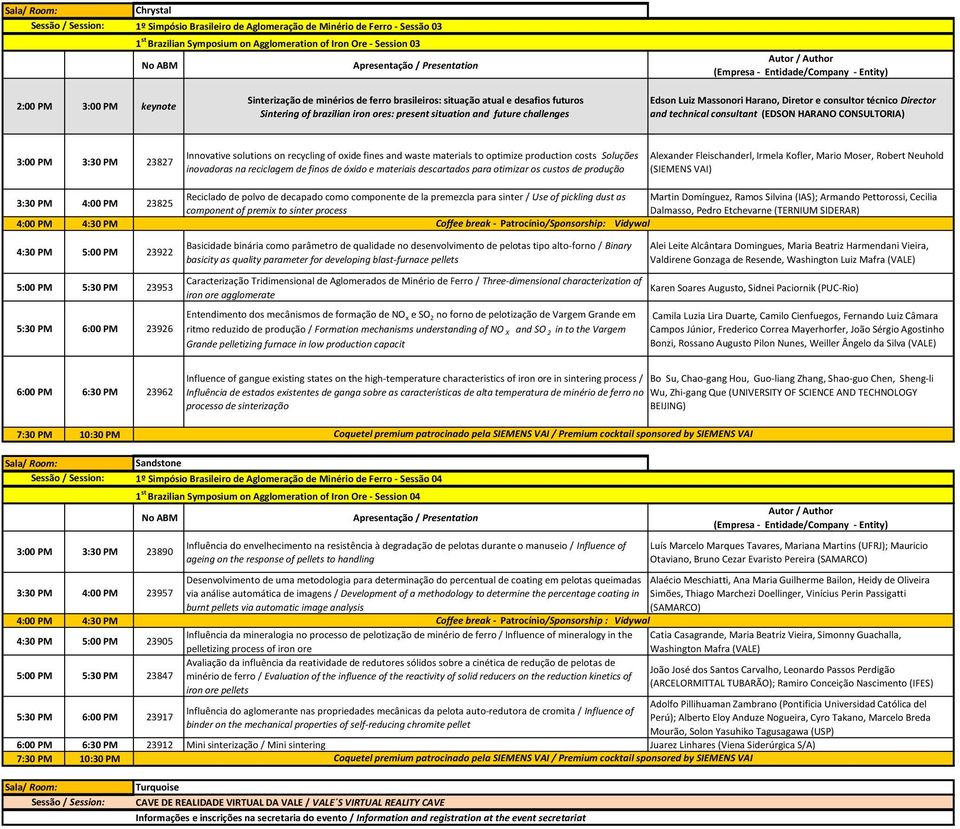 technical consultant (EDSON HARANO CONSULTORIA) 3:00 PM 3:30 PM 23827 Innovative solutions on recycling of oxide fines and waste materials to optimize production costs Soluções inovadoras na