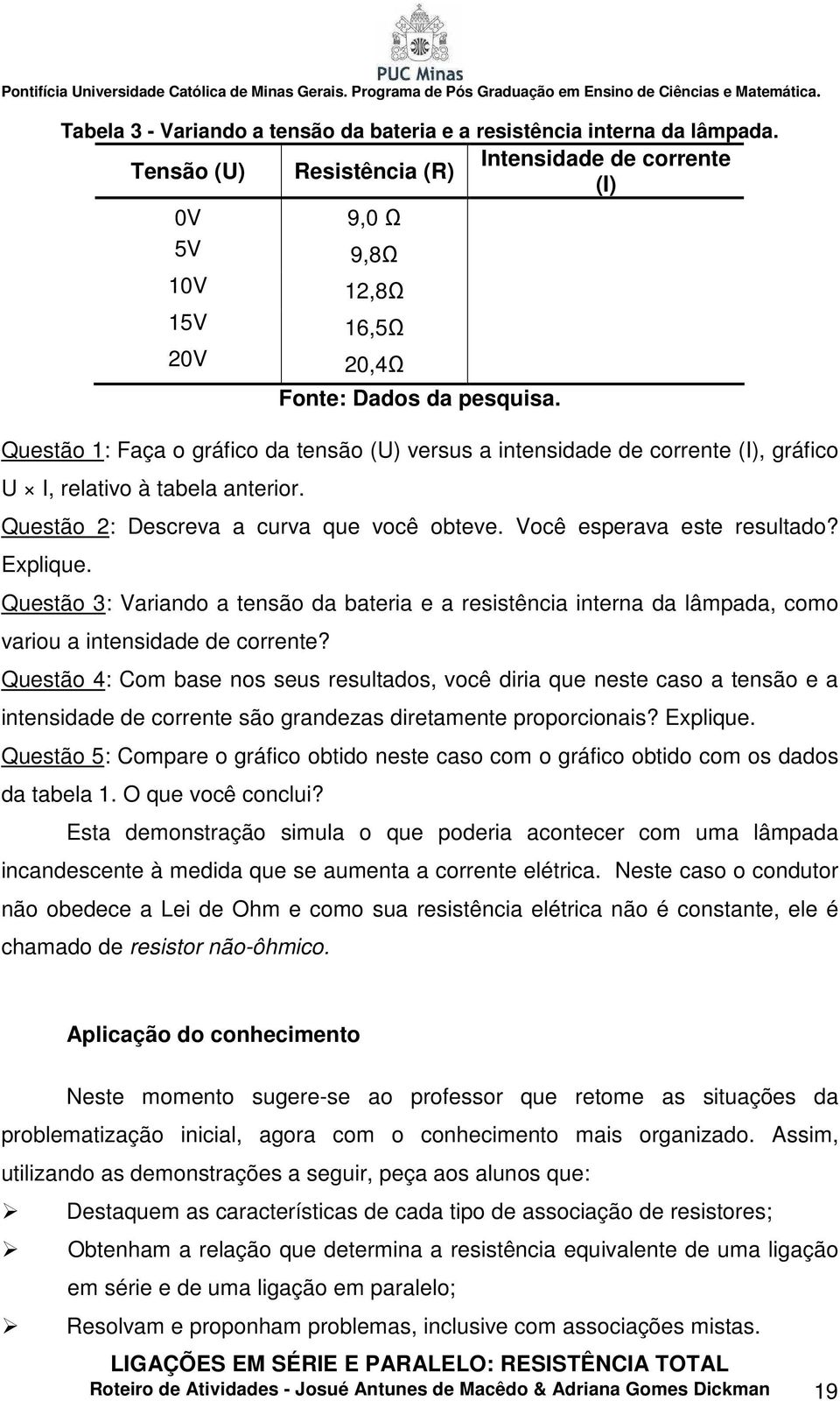 relativo à tabela anterior. Questão 2: Descreva a curva que você obteve. Você esperava este resultado? Explique.