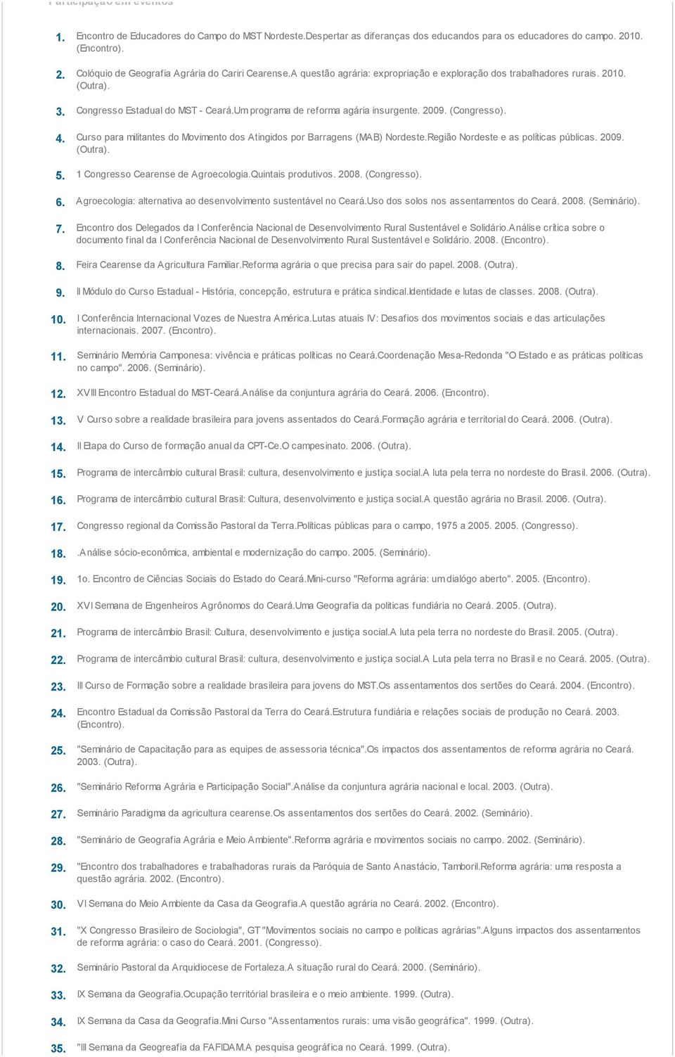 Curso para militantes do Movimento dos Atingidos por Barragens (MAB) Nordeste.Região Nordeste e as políticas públicas. 2009. (Outra). 5. 1 Congresso Cearense de Agroecologia.Quintais produtivos. 2008.