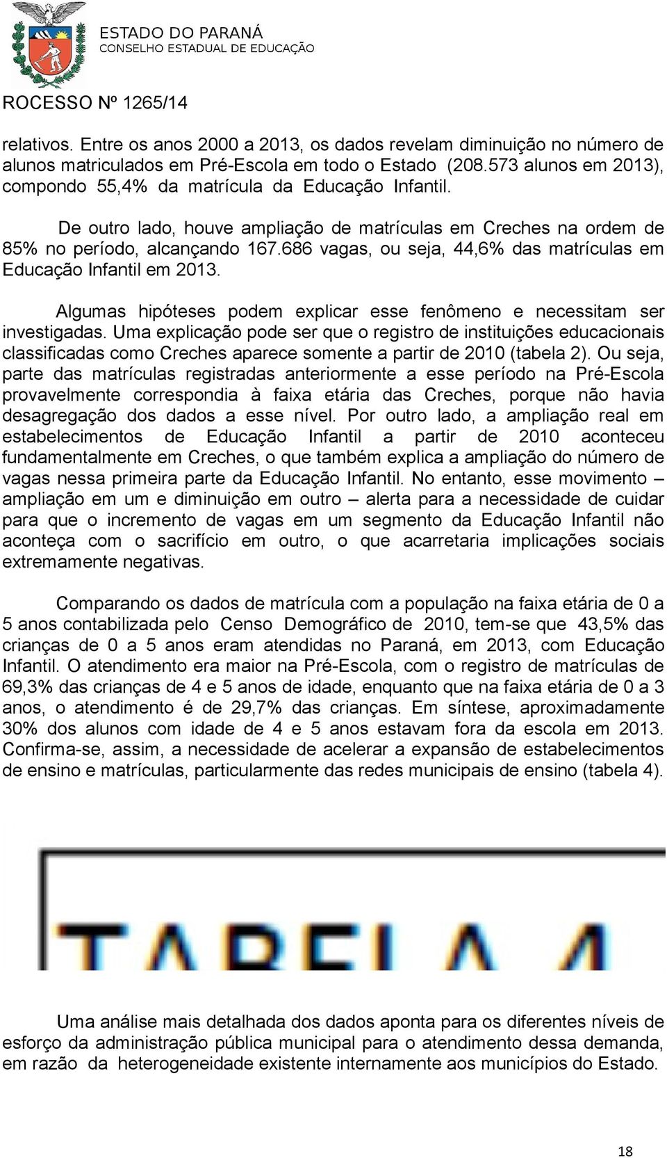 686 vagas, ou seja, 44,6% das matrículas em Educação Infantil em 2013. Algumas hipóteses podem explicar esse fenômeno e necessitam ser investigadas.