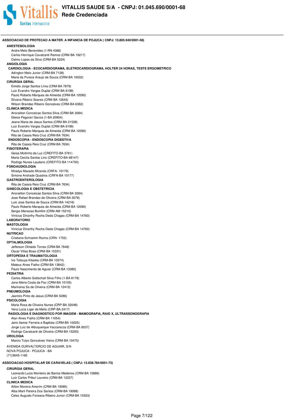 ELETROCARDIOGRAMA, HOLTER 24 HORAS, TESTE ERGOMETRICO Adington Melo Junior (CRM-BA 7128) Maria da Pureza Araujo de Souza (CRM-BA 16532) CIRURGIA GERAL Emidio Jorge Santos Lima (CRM-BA 7879) Luiz