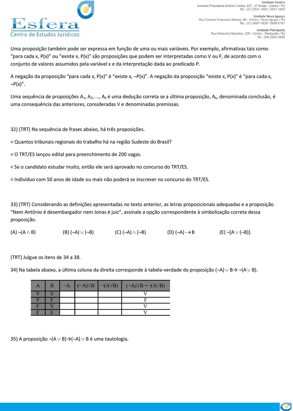 interpretação dada ao predicado P. A negação da proposição para cada x, P(x) é existe x, P(x). A negação da proposição existe x, P(x) é para cada x, P(x). Uma sequência de proposições A 1, A 2,.