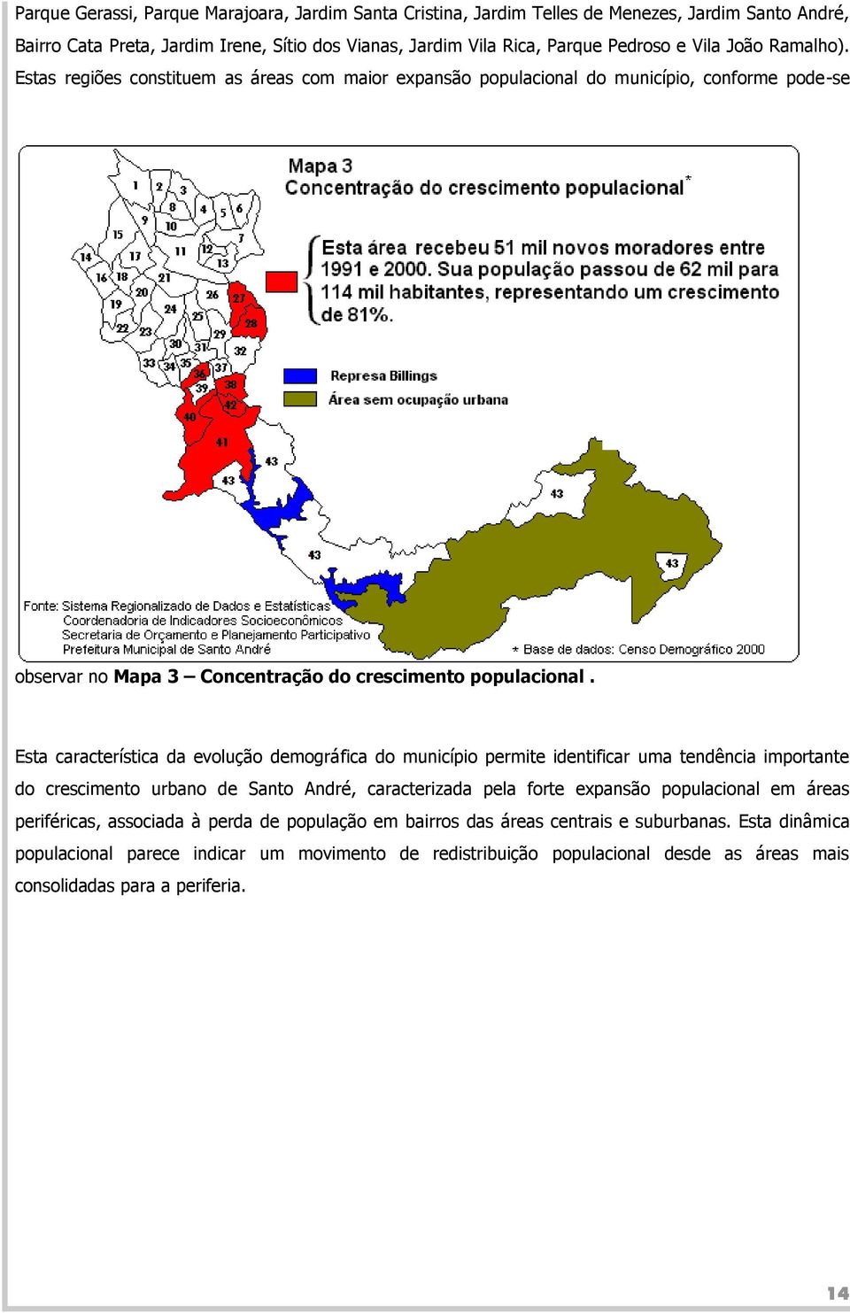 Esta característica da evolução demográfica do município permite identificar uma tendência importante do crescimento urbano de Santo André, caracterizada pela forte expansão populacional em áreas