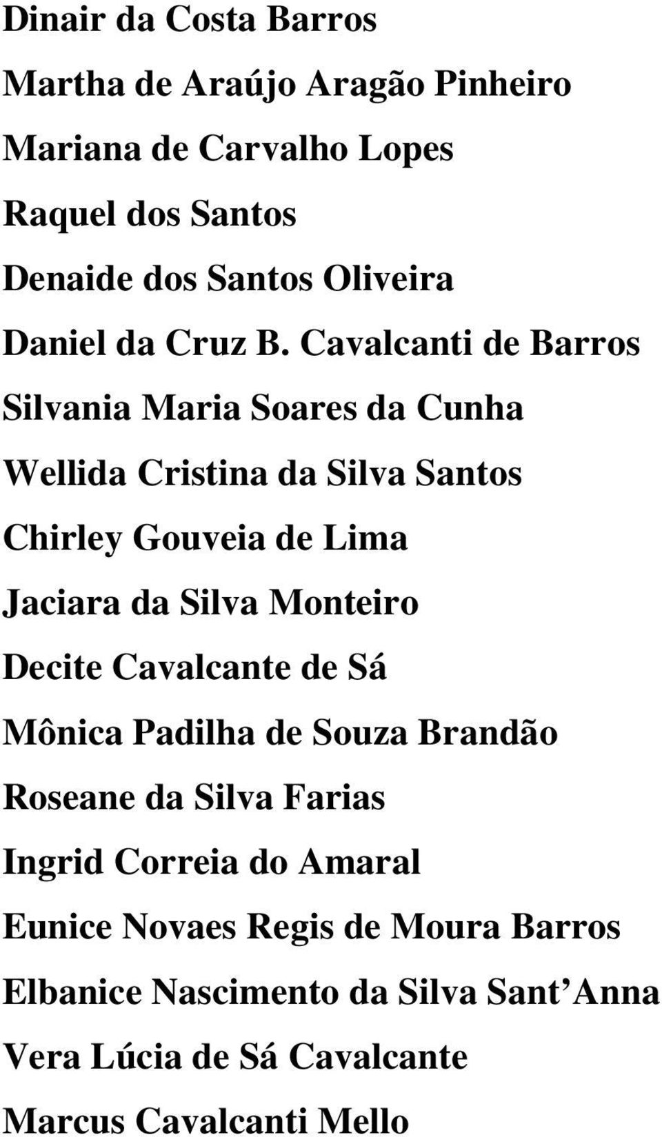 Cavalcanti de Barros Silvania Maria Soares da Cunha Wellida Cristina da Silva Santos Chirley Gouveia de Lima Jaciara da Silva