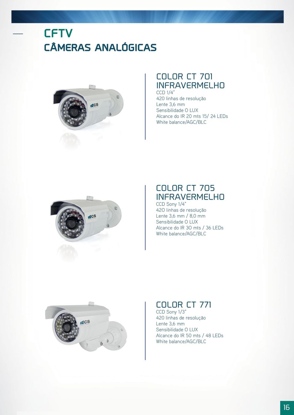resolução Lente 3,6 mm / 8,0 mm Sensibilidade O LUX Alcance do IR 3O mts / 36 LEDs White balance/agc/blc COLOR CT