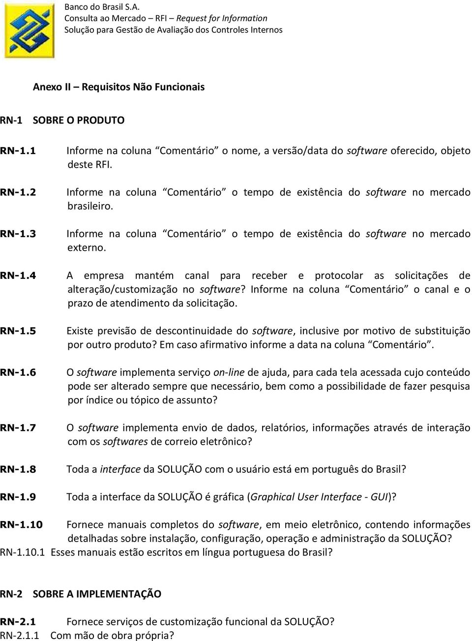 Informe na coluna Comentário o tempo de existência do software no mercado externo. A empresa mantém canal para receber e protocolar as solicitações de alteração/customização no software?