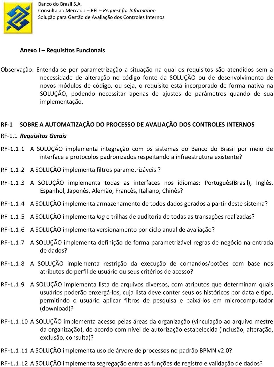 RF-1 SOBRE A AUTOMATIZAÇÃO DO PROCESSO DE AVALIAÇÃO DOS CONTROLES INTERNOS RF-1.1 Requisitos Gerais RF-1.1.1 A SOLUÇÃO implementa integração com os sistemas do Banco do Brasil por meio de interface e protocolos padronizados respeitando a infraestrutura existente?