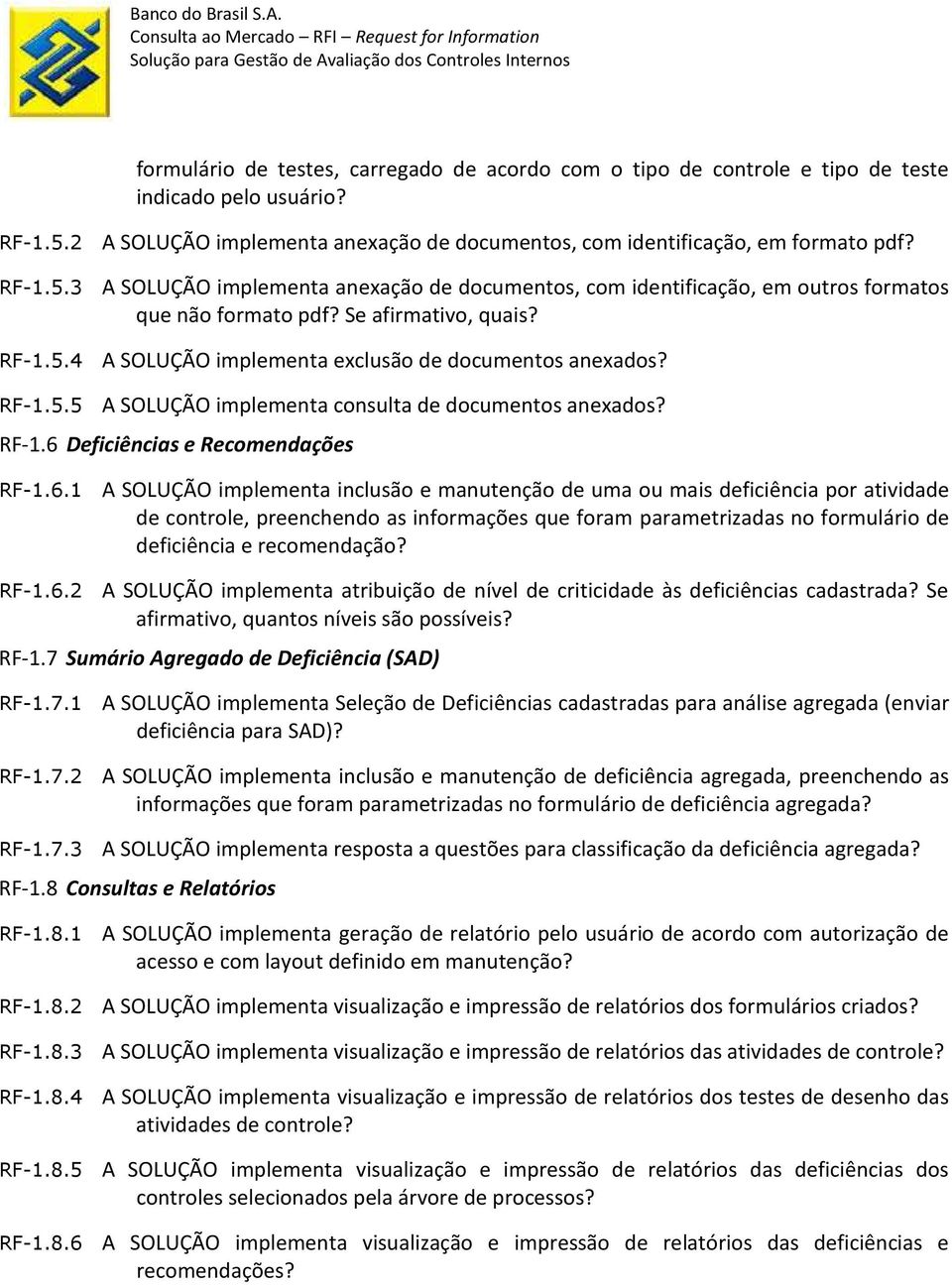 Se afirmativo, quais? RF-1.5.4 A SOLUÇÃO implementa exclusão de documentos anexados? RF-1.5.5 A SOLUÇÃO implementa consulta de documentos anexados? RF-1.6 