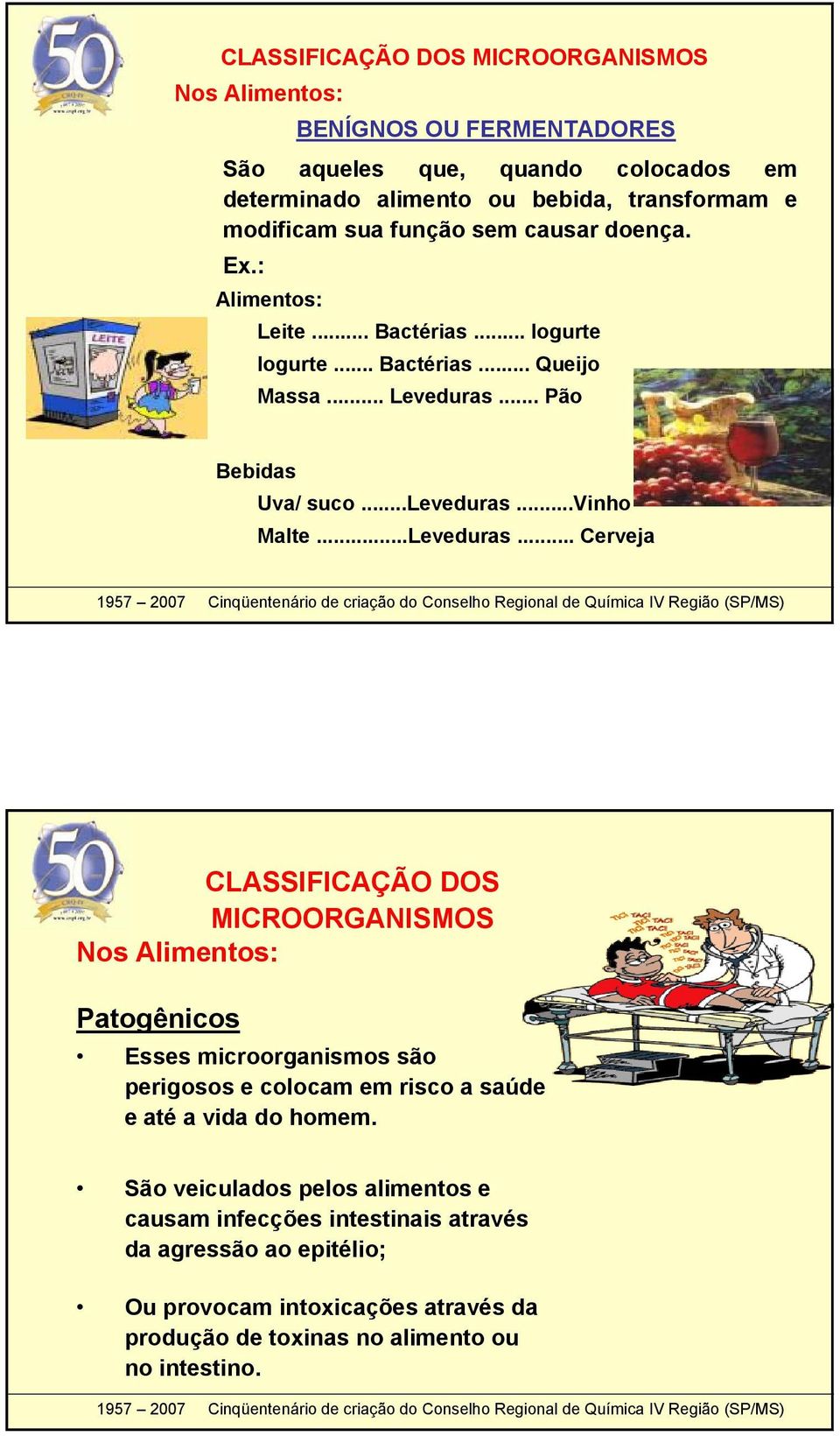 ..Leveduras... Cerveja CLASSIFICAÇÃO DOS MICROORGANISMOS Nos Alimentos: Patogênicos Esses microorganismos são perigosos e colocam em risco a saúde e até a vida do homem.