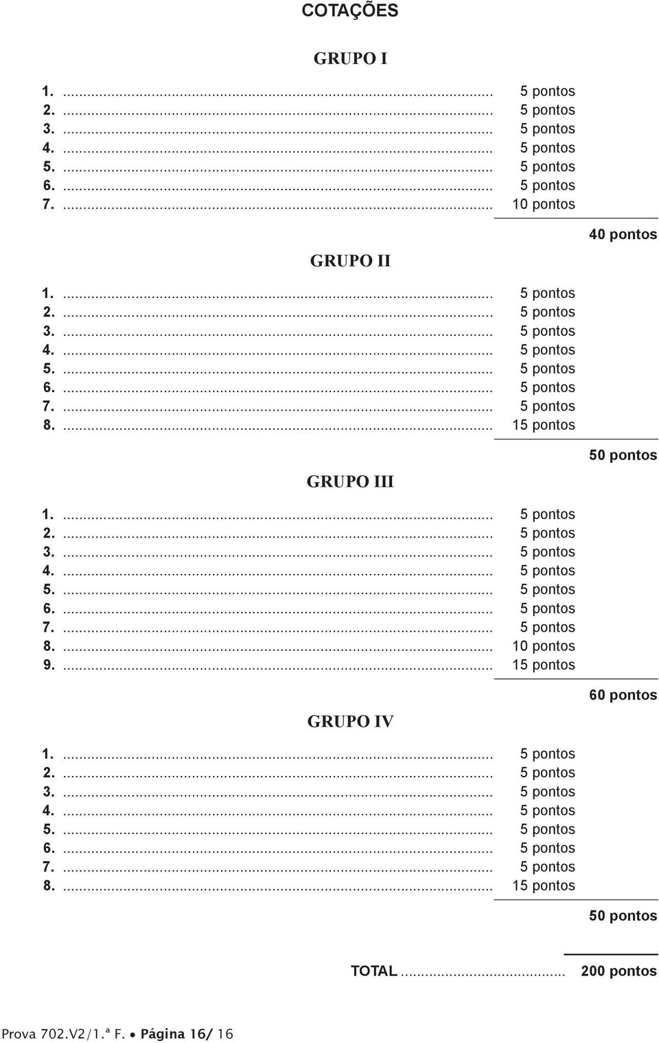 ... 15 pontos GRUPO IV 60 pontos 1.... 5 pontos 2.... 5 pontos 3.... 5 pontos 4.... 5 pontos 5.... 5 pontos 6.... 5 pontos 7.... 5 pontos 8.