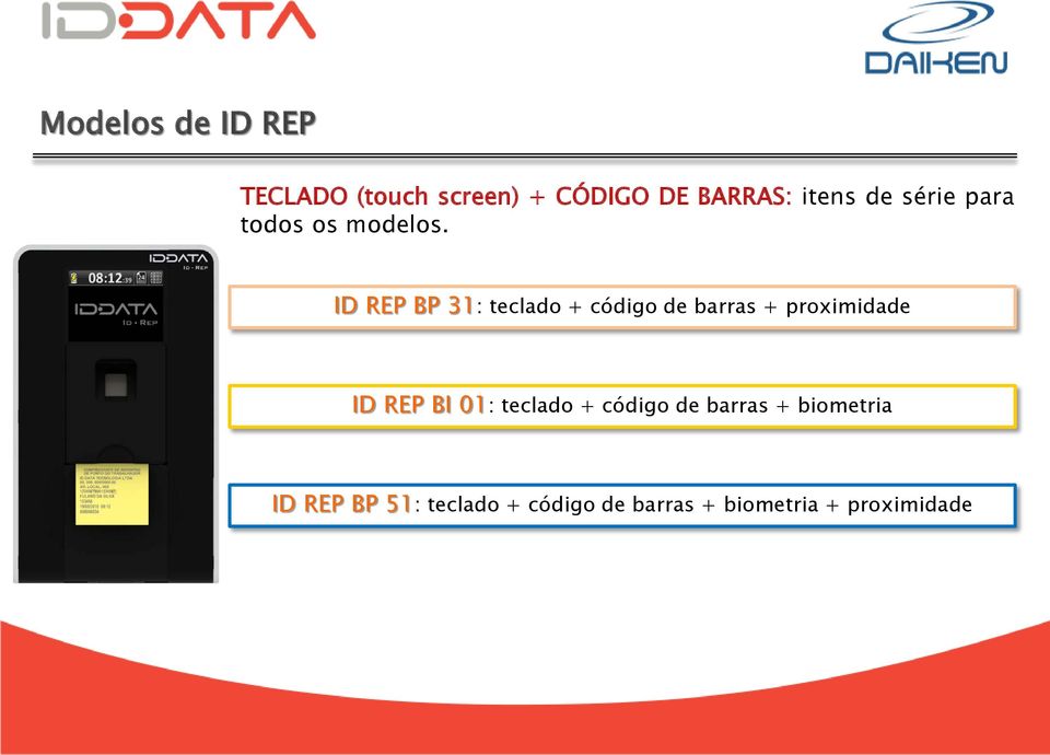 ID REP BP 31: teclado + código de barras + proximidade ID REP BI 01: