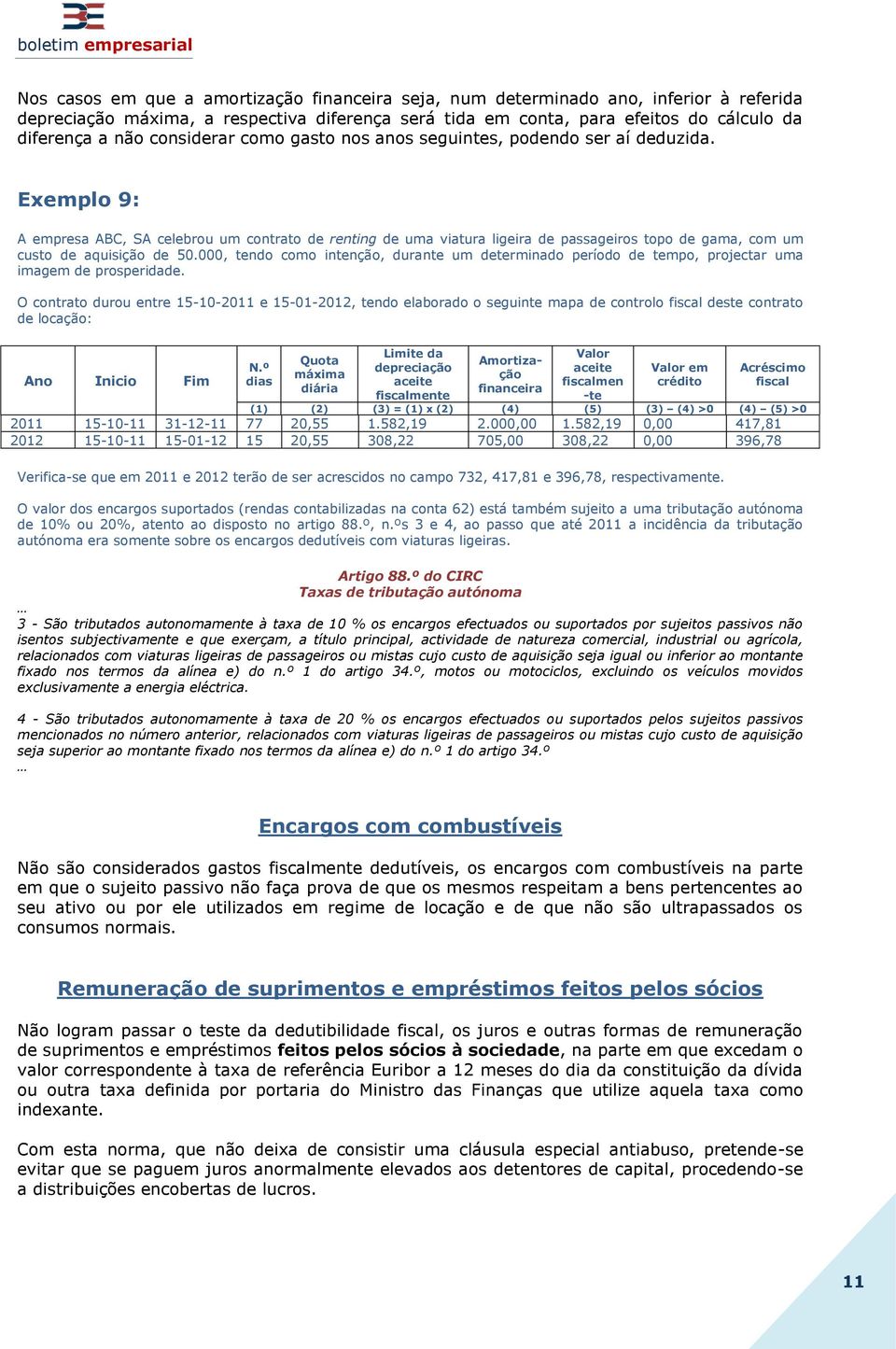 Exemplo 9: A empresa ABC, SA celebrou um contrato de renting de uma viatura ligeira de passageiros topo de gama, com um custo de aquisição de 50.