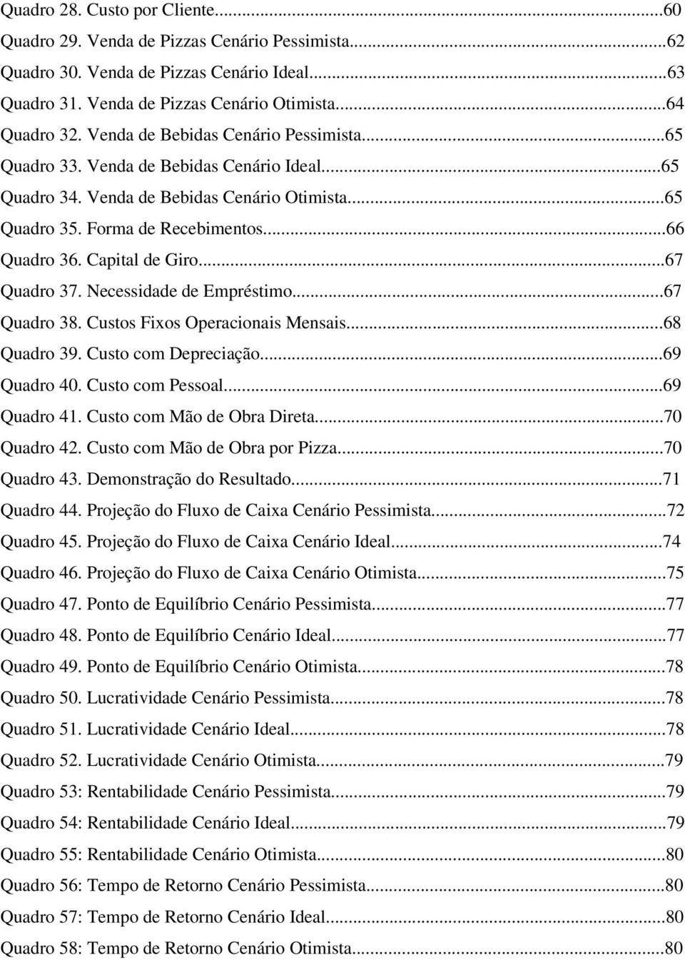 Capital de Giro...67 Quadro 37. Necessidade de Empréstimo...67 Quadro 38. Custos Fixos Operacionais Mensais...68 Quadro 39. Custo com Depreciação...69 Quadro 40. Custo com Pessoal...69 Quadro 41.