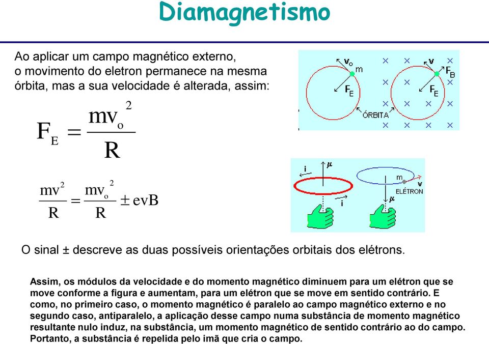 Assim, os módulos da velocidade e do momento magnético diminuem para um elétron que se move conforme a figura e aumentam, para um elétron que se move em sentido contrário.