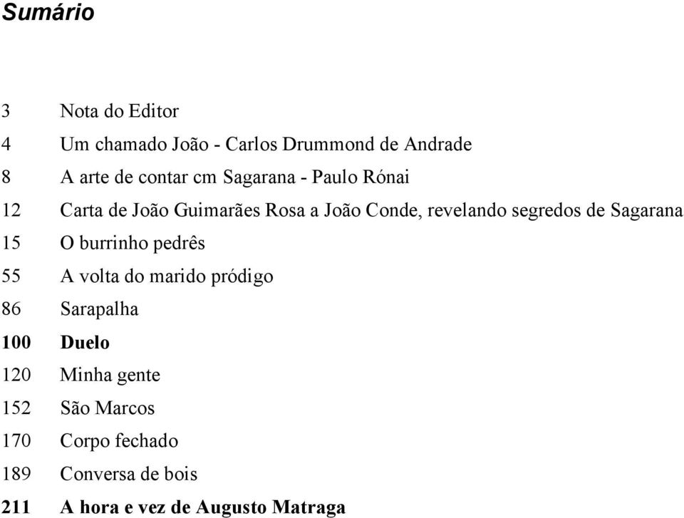 de Sagarana 15 O burrinho pedrês 55 A volta do marido pródigo 86 Sarapalha 100 Duelo 120